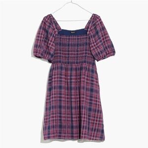 Madewell Lucie Puff-Sleeve Smocked Mini Dress in Rockfern Plaid